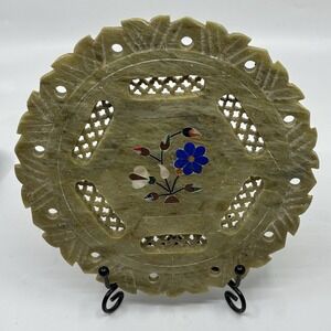 Vintage Indian Marble Plate Inlaid Floral Reticulated Plate Natural Stone